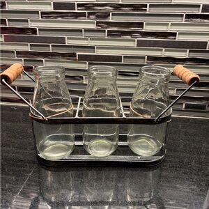 Clear Glass Bottle Trio with Metal Carrier